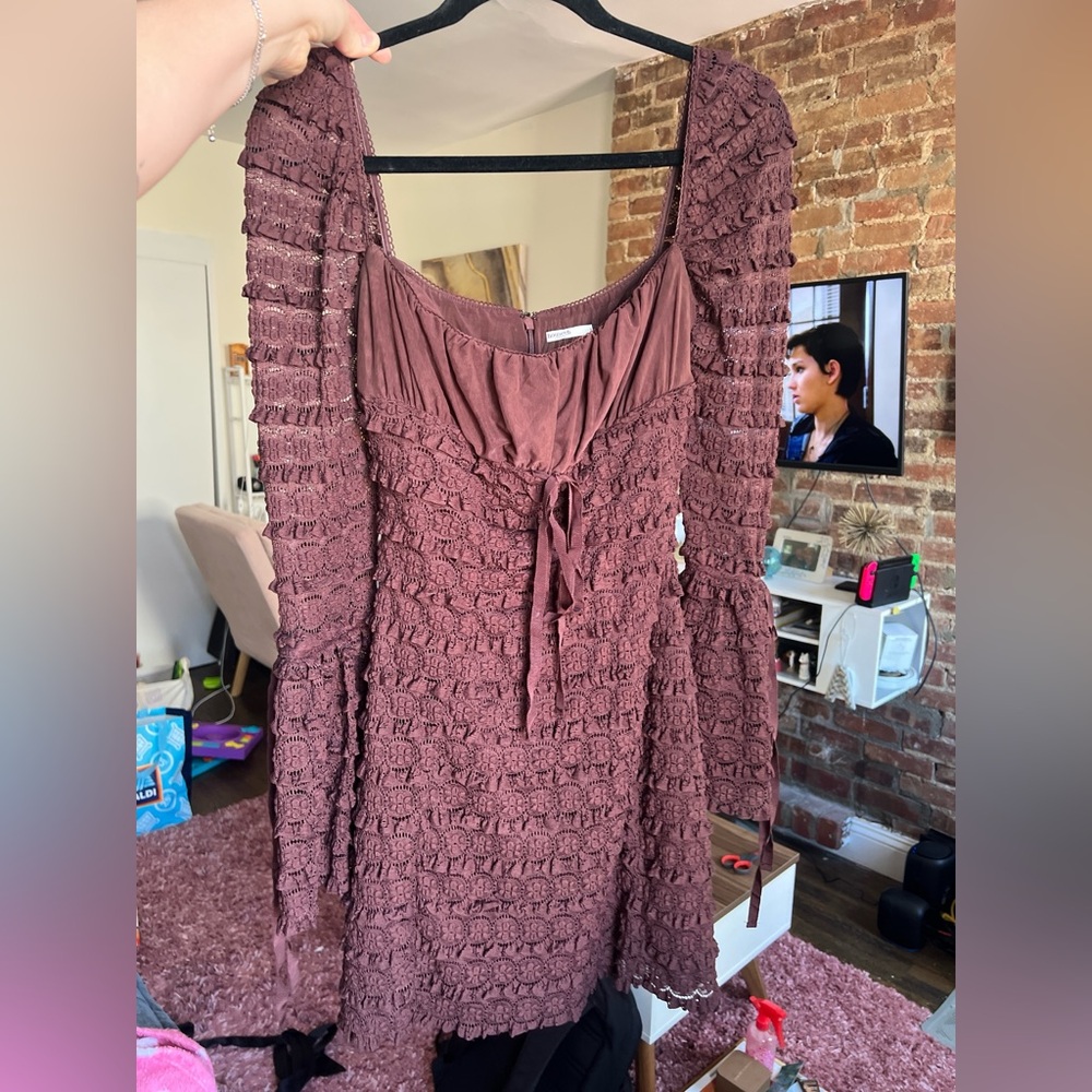 House of CB Mauve Textured Tie-Front Long Sleeve Dress